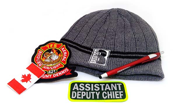 Promotional Products including a hat, pen and patches